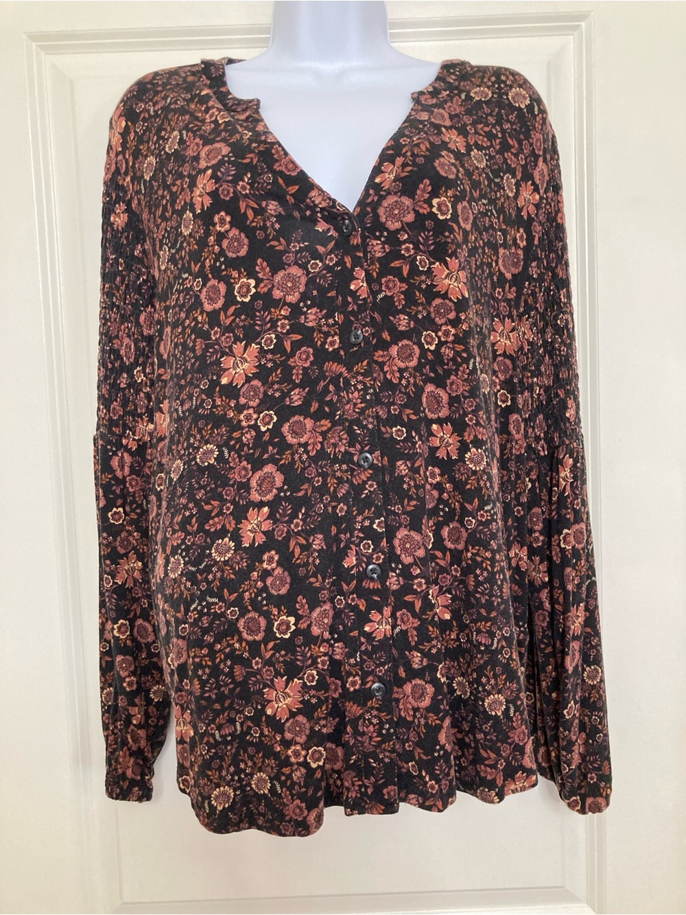 Knox Rose Black Brown Garden Floral Button Up Smocked Long Sleeve Top Boho XXL